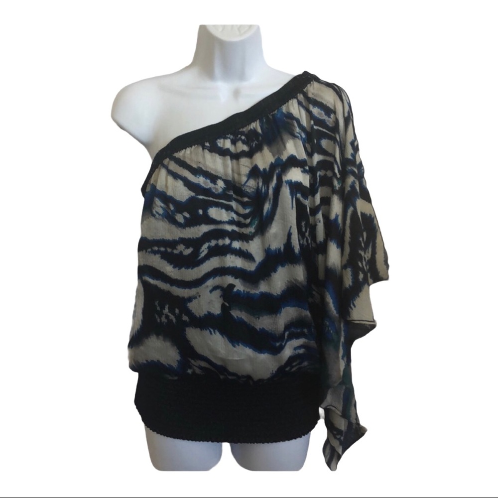 Bebe One Shoulder Blouse XS Blue Black Abstract Zebra Print Smocked Hem‎ Top